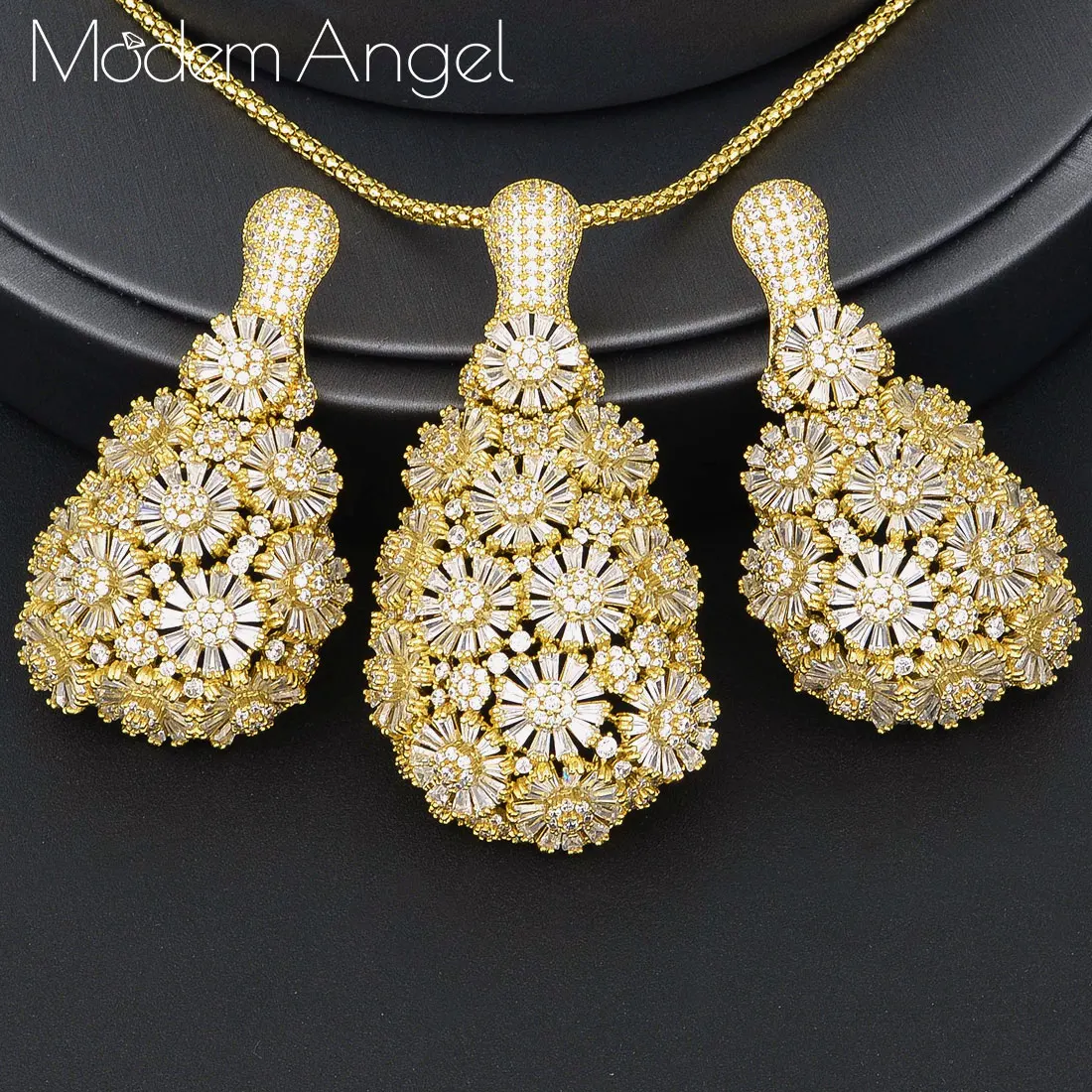 ModemAngel Роскошные хризантемы капли воды кулон Цирконий ожерелье серьги для женщин Дубай Высокое качество ювелирные изделия