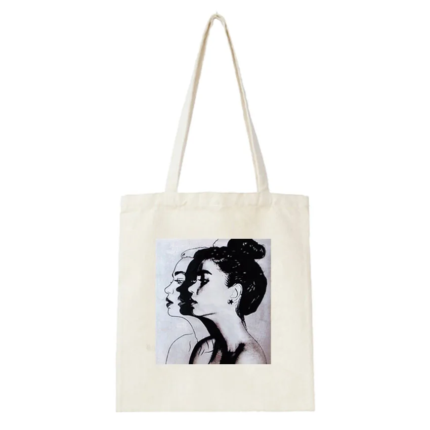 Women Shopping Bag Vintage Girl Print Canvas Shopper Bag Cool Simple Shoulder Handbag Clothes Book Package Bags