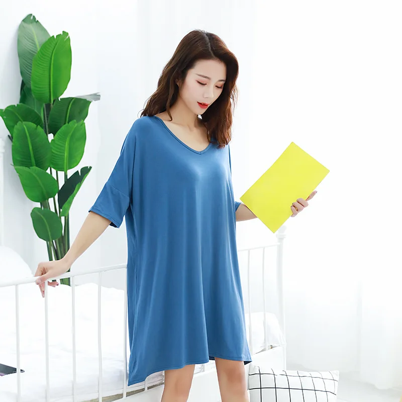 

Women Modal Pregnant Sleepwear Girls Nightwear Ladies Sleepshirt Summer Short Sleeve V-neck Loose Long Blue Nightgowns Plus Size