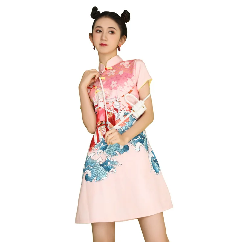 

Summer New National Tide Cheongsam Daily Short Improved Chinese Style Girl Fashion Pink Sweet Dress