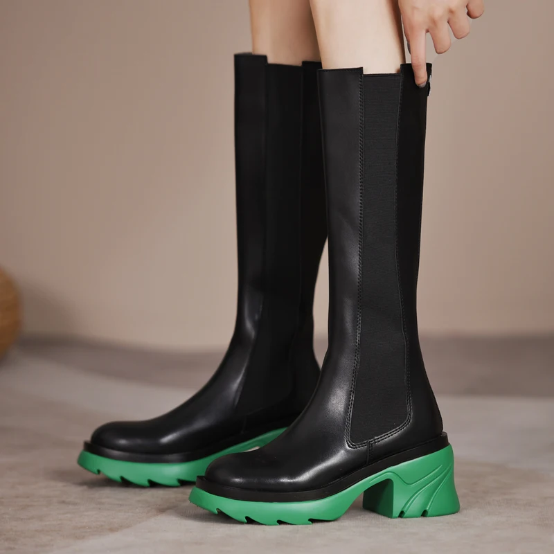 New Women's Mid-Calf High Boots Square 8cm High Heel Round Toe Thick Platform Zip Shoes Solid Casual Leisure Footwear