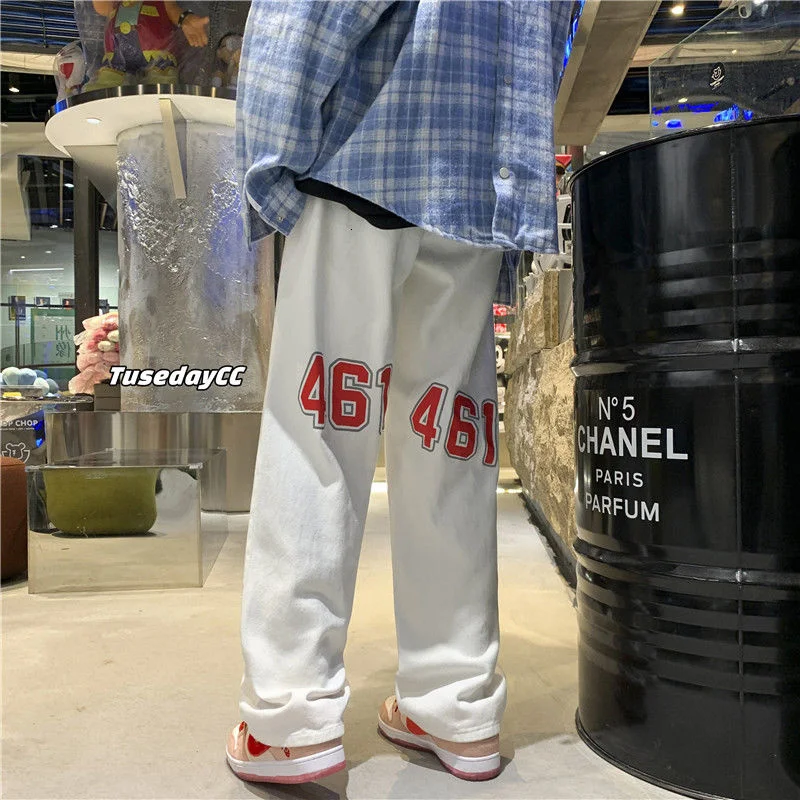 

Neploha 2021 Autumn Men's Loose Letter Printed Denim Jeans Straight Casual Hong Kong Style Pants Streetwear Male Denim Trousers