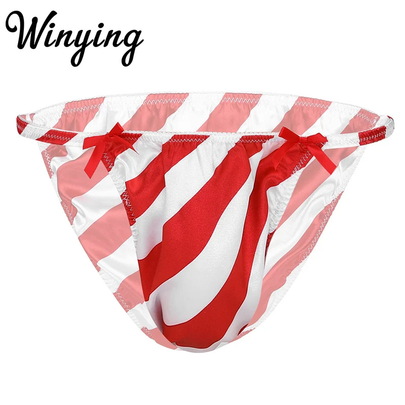

Men Red Striped Satin Christmas Underwear Festival Rave Fancy Underpants Bikini Briefs Male Gay Hot Sexy Lingerie Sissy Panties