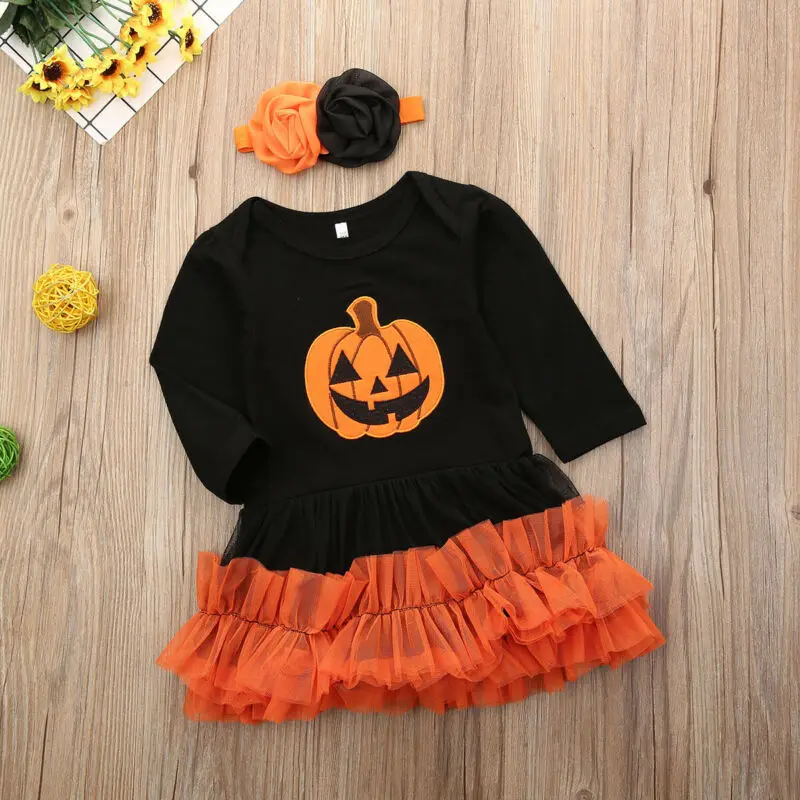 Новые Брендовые платья для малышей Костюм Тыква с принтом на Хэллоуин девочек