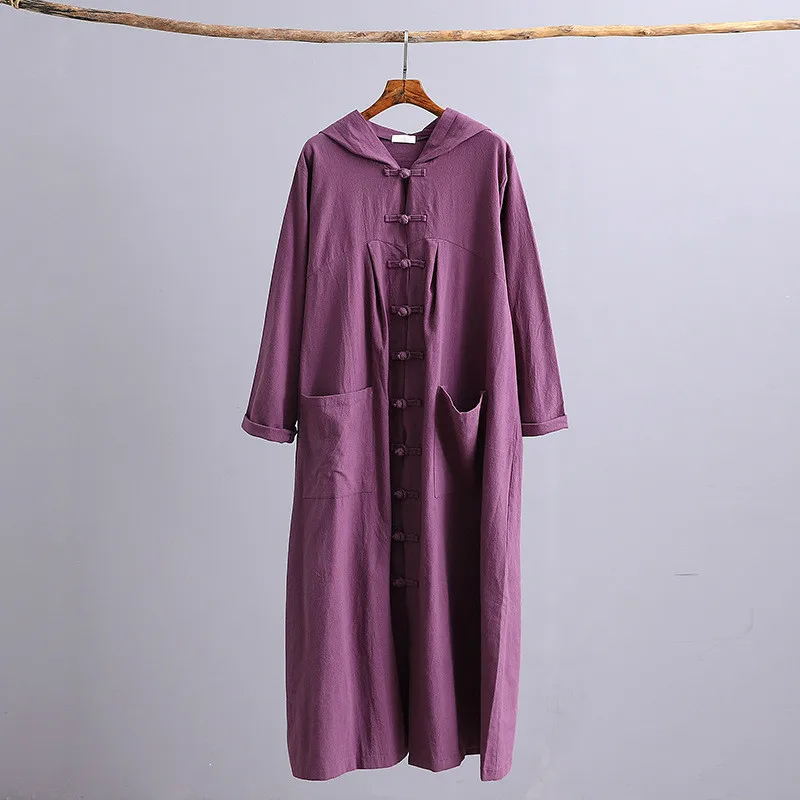 Женское винтажное пальто с капюшоном Черное длинное Тренч из хлопка и льна