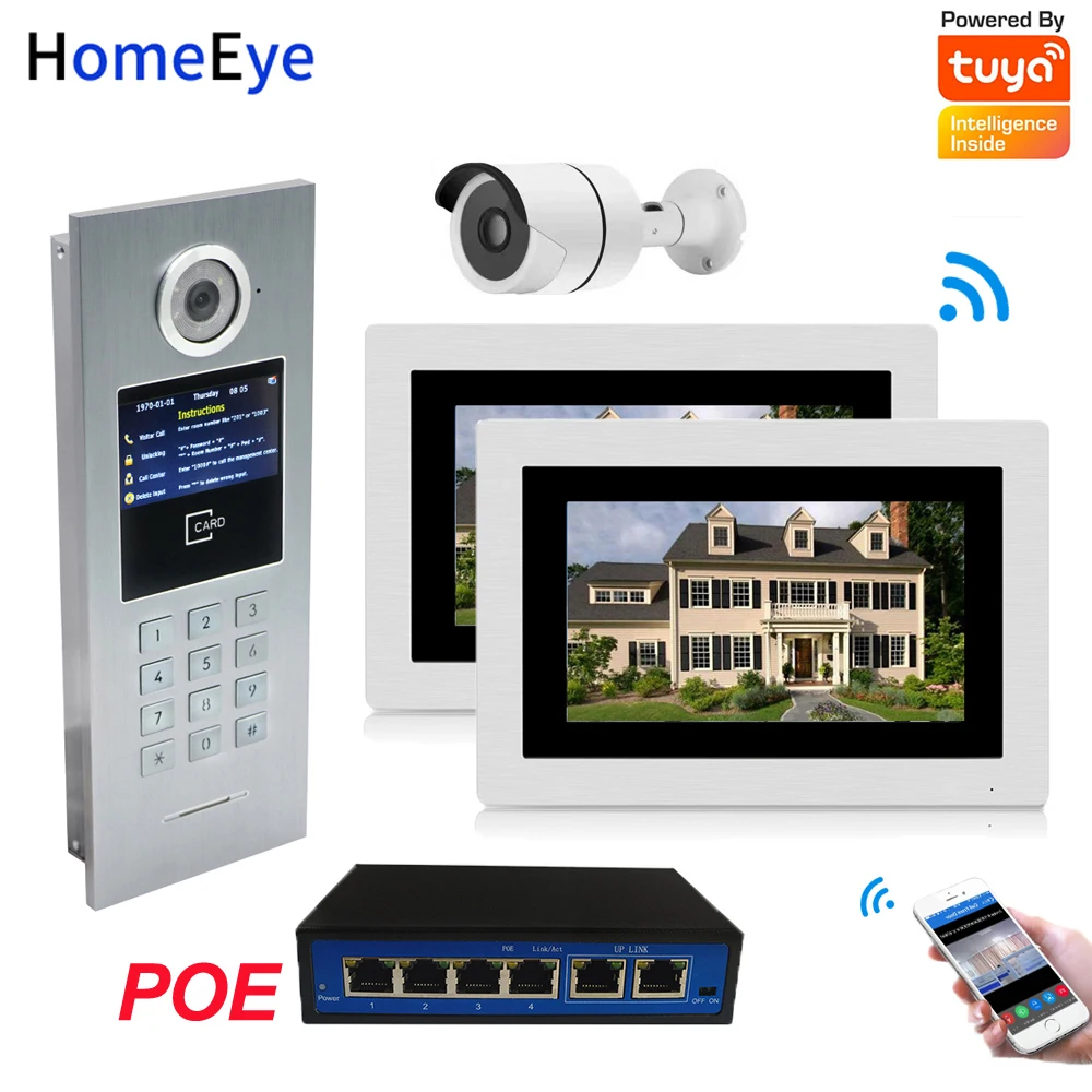 7inch WiFi IP Video Door Phone Video Door Bell Home Access Control System Password/RFID Card + POE Switch+IP Camera iOS Android