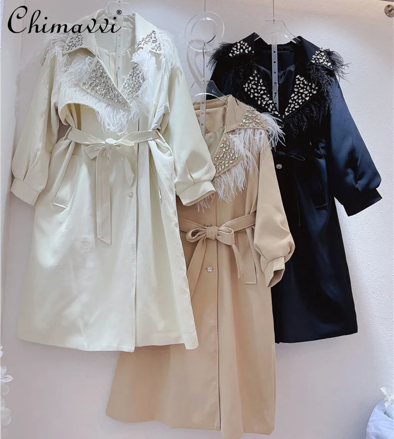 

2021 Autumn New Ladies Court Style Feather Rhinestone Trench Coat Women's Fashion Western Style Slim-Fit Casual Long Windbreaker