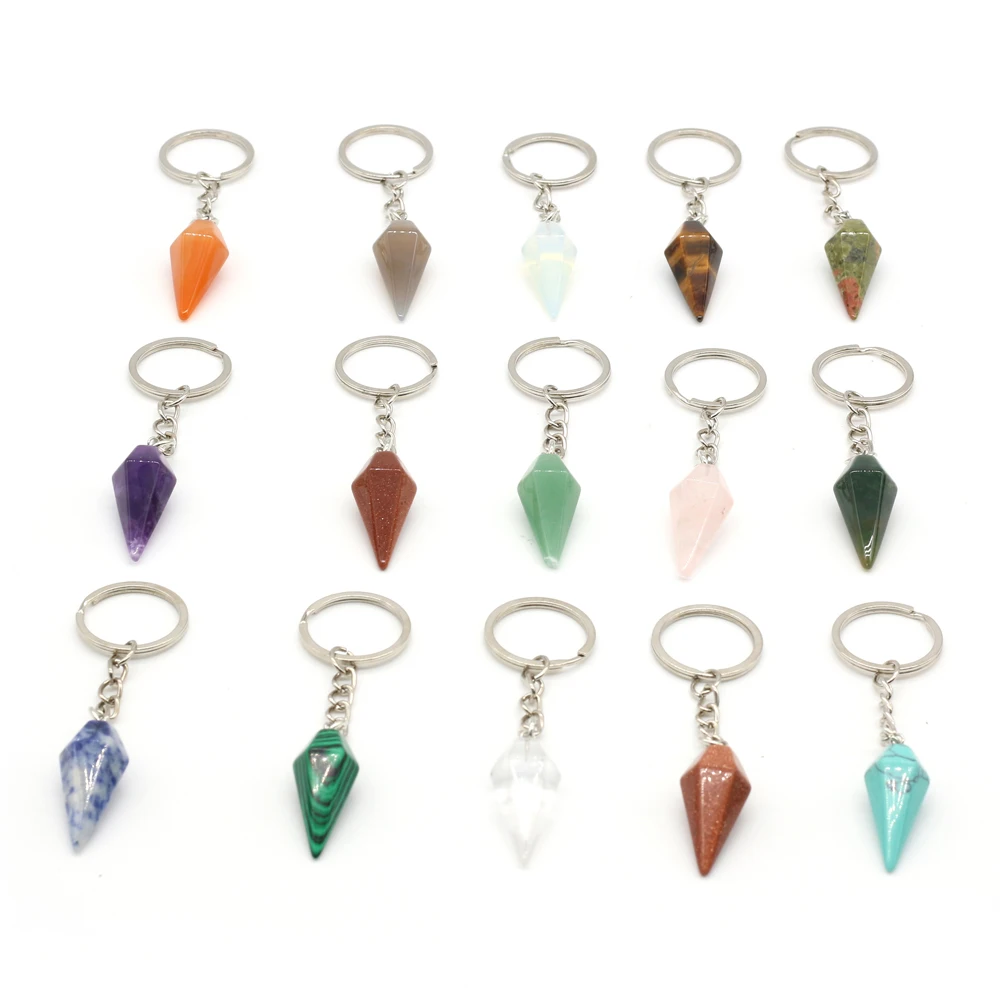 

New Women's Keychain Natural Stone Malachite Opal Amethyst Rose Quartz Hexagonal Cone Jewelry Pendant for Hanging Cars Bag Etc