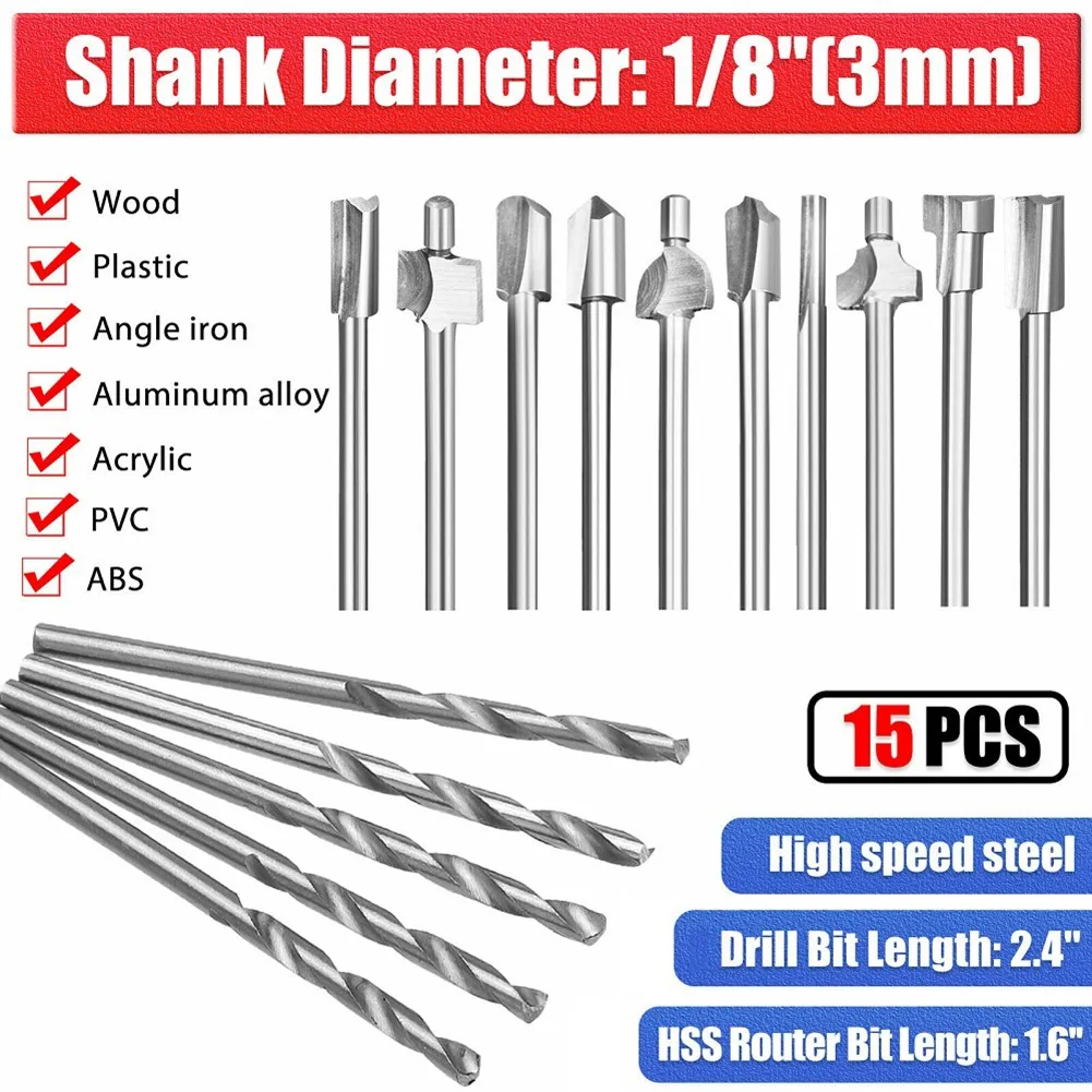 

Drill Bit For Rotary 15x Multi Tool HSS Router Drill Bits Kit Attachment Set HSS Router Bit For Drilling Holes In Wood, Plastic