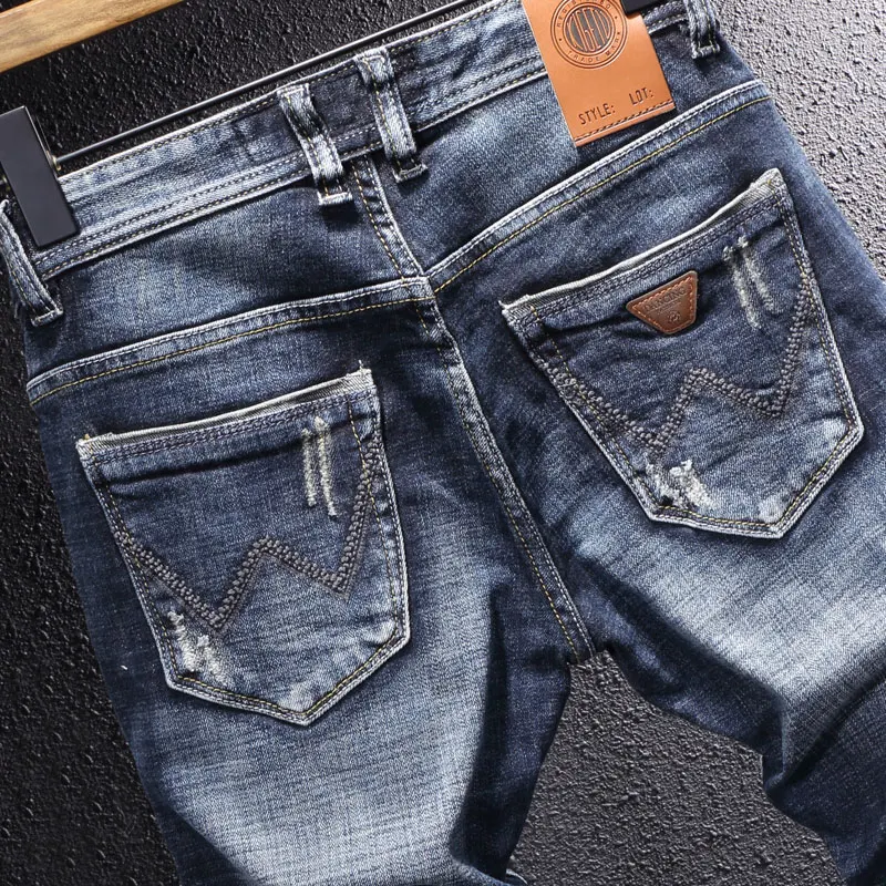 European Vintage Fashion Men Jeans Retro Black Blue Slim Fit Ripped Jeans Men Scratch Designer Frayed Hole Casual Denim Pants