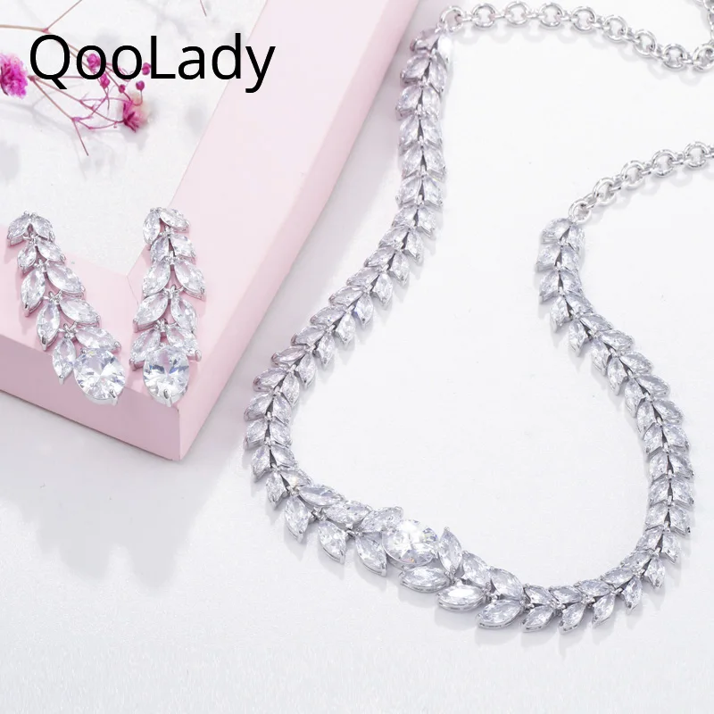 

QooLady Elegant White Gold Leaf Cubic Zirconia Stone Women Party Wedding Costume Accessories Jewelry Sets Necklace Earrings Z054