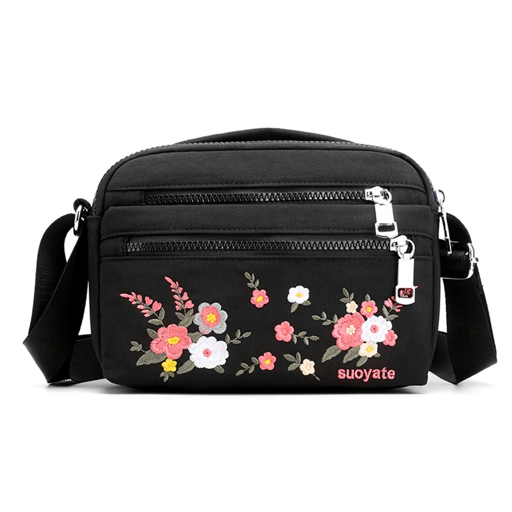 

Fashionable Black Woman Shoulder Bag Nylon Waterproof Embroidery Floral Crossbody Versatile Purses And Handbags Bolsa Feminina