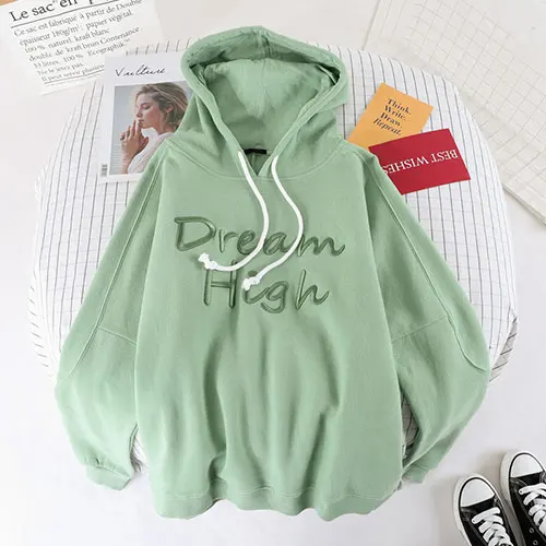 light green hood Женский бархатный толстовки с длинным рукавом TIGENA, теплый свитшот с капюшоном в корейском стиле для женщин на осень-зиму - Цвет: light green hood