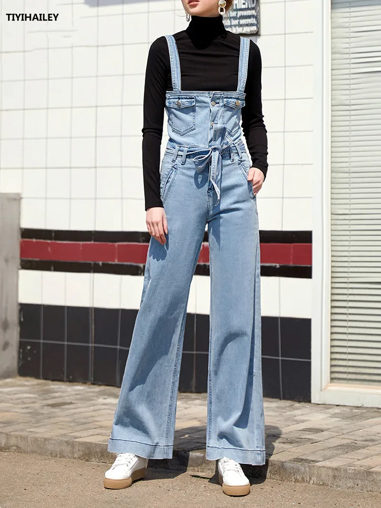 Free Shipping Jeans XS-XL Pants For Women Overalls Jumpsuit And Rompers With Belt Wide Leg Denim Long Loose Trousers Ligh Blue