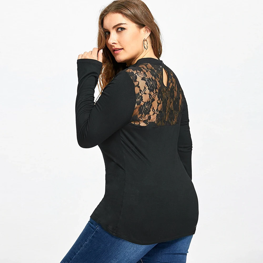 Женская Кружевная футболка с вырезом на спине черная Повседневная облегающая