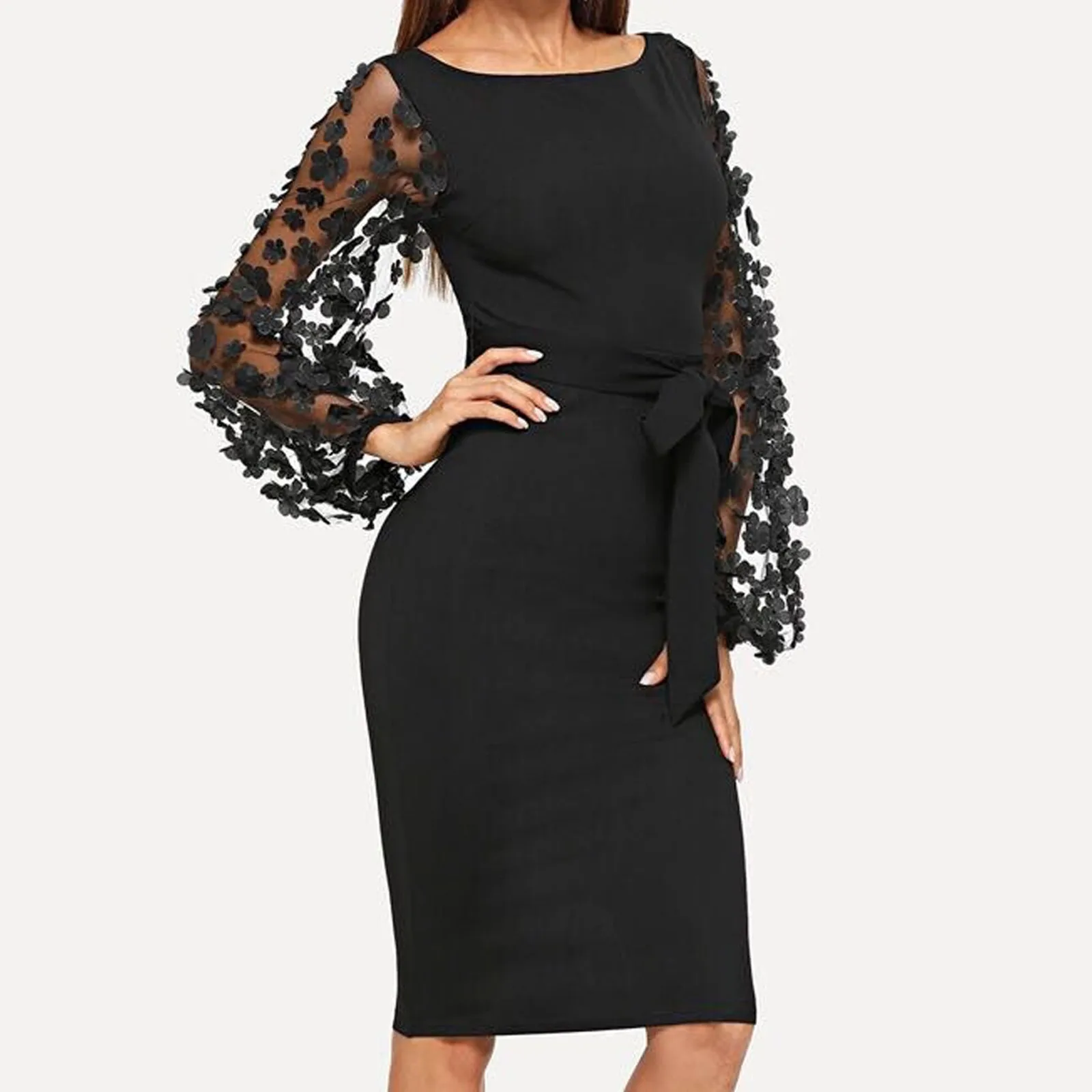 

Women Slim Midi Dress Black Vestido Corto Sexy Cross Applique Contrast Mesh Sleeve Formal Dress Tight Belt Evening Dress #294