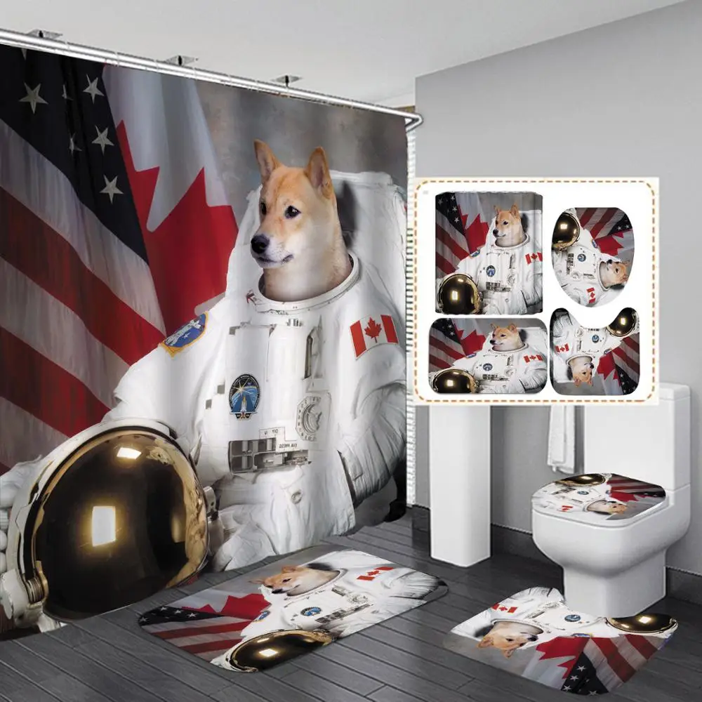 

Cute Dogs Cats Shower Curtain Sets with Hooks Toilet Cover Bath Mat Small carpet Pad Set Animals Print Bathroom Curtain 4 Pieces