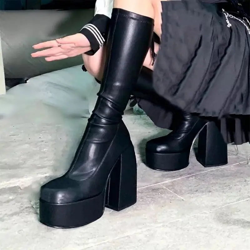 

Women High Heel Platform Boots Street Punk Style Female Over The Knee High Boots Autumn Winter High Quality Elastic Warm Shoes