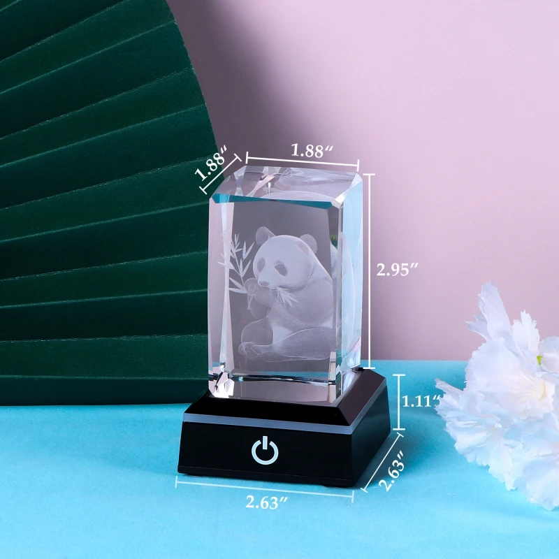 3D Laser Etched Panda Figurine Miniatures Cube K9 Crystal Decoration with LED Lamp Base Birthday Gifts images - 6