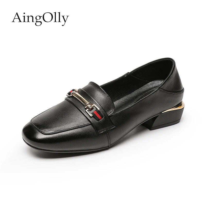 

AingOlly Genuine Leather Soft Women's Flat Shoes Fashion Comfortable Shallow Ankle Square Head Black Ladies Office Shoes Female