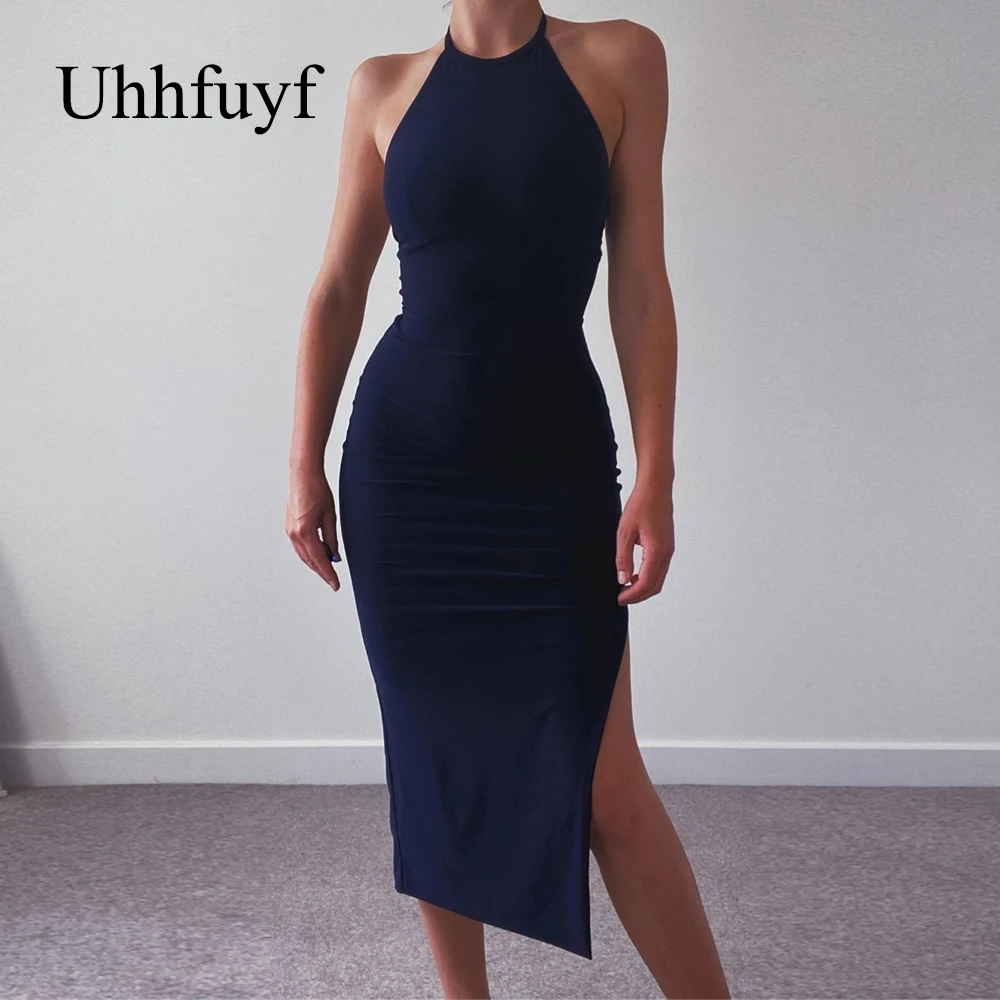 

Женское платье с лямкой на шее Uhhfuyf, летнее однотонное платье без рукавов с разрезом, сексуальные платья, эластичная удобная юбка до середин...