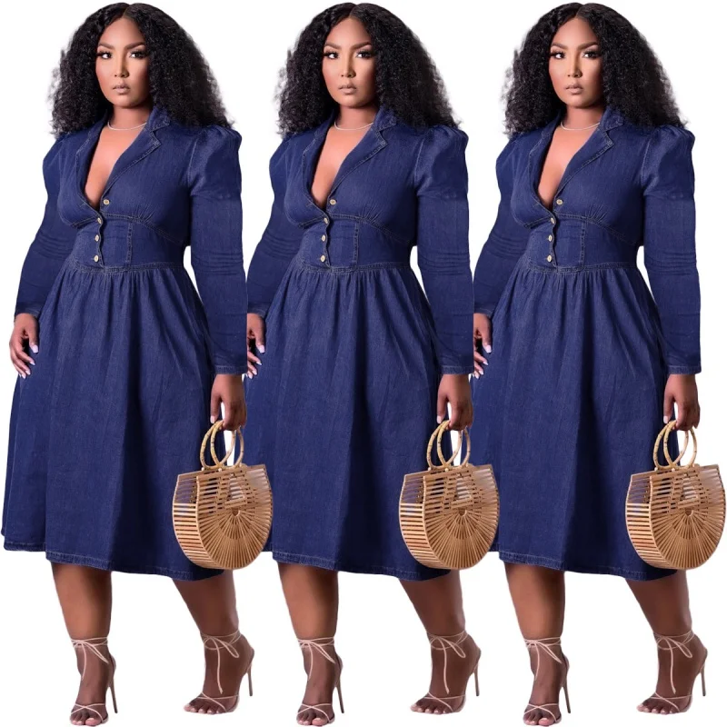 

Hot Maxi Dress For Girls Fashion A-line Womens Dresses Wash Denim Elegant Sexy Sleeveless Club Vestido Lapel V Neck Vintage New