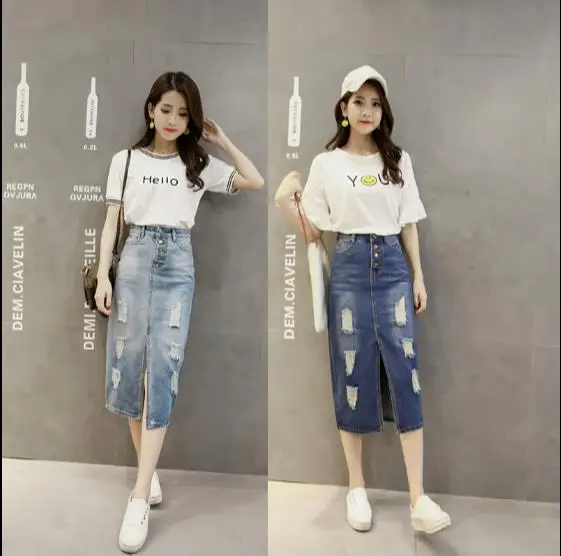 2019 New Spring Summer Autumn fashion women long denim skirt Vintage maxi skirts hole jeans pencil RQ360 | Женская одежда