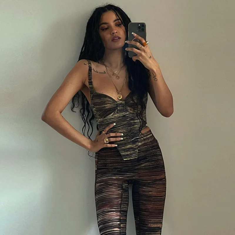 

women's 2021 summer new printing sling open back loose casual pants suit two piece set women Free shipping