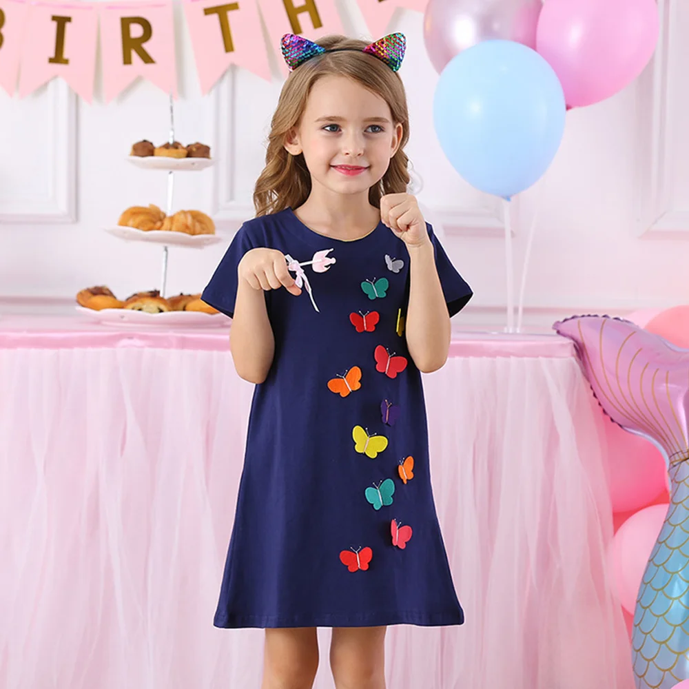 VIKITA Girls Dresses Short Sleeve Girls Summer Dress Kids Cotton Casual Dresses Children Butterfly Embroidery Vestidos