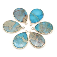 charm natural stone pendant elegant blue ocean mine drop shape charms for jewelry making diy necklace accessories 24x35mm 1pc