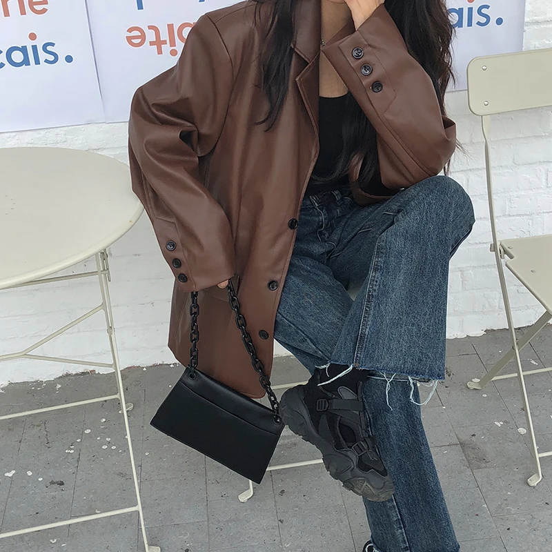 

Vintage Loose Leather Moto Jacket Women Casual Outerwear Biker Jacket Chic Streetwear Business PU Tops Female 2021 Spring