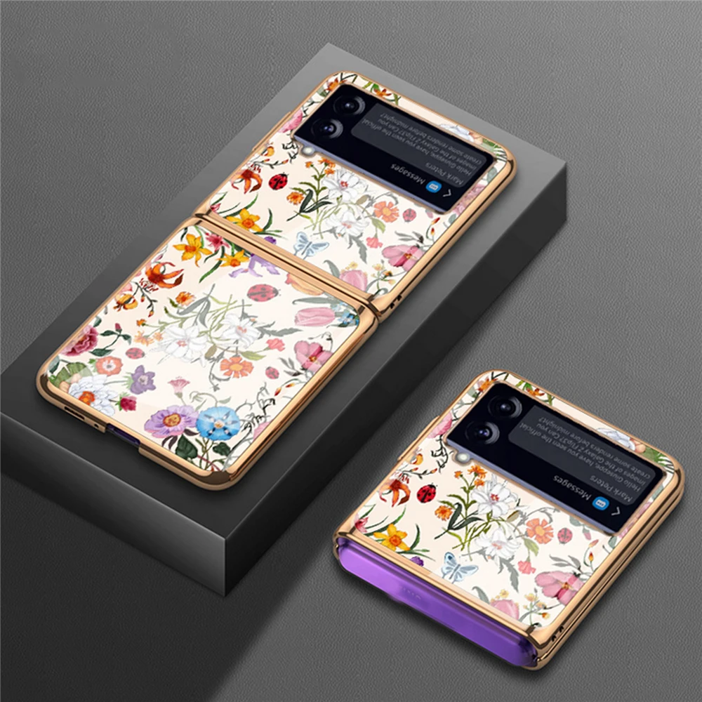 

Модный Гальванизированный стеклянный чехол для телефона Samsung Galaxy Z Flip 3 Ретро Цветочный узор защитный чехол для телефона