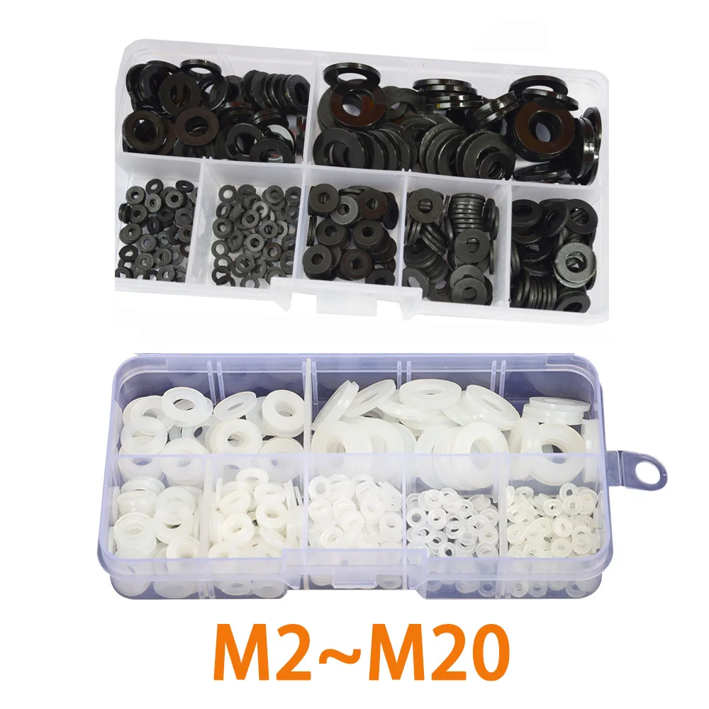 

240/350Pcs M2 M2.5 M3M4 M5 M6 M8 M10 M12 M14M16 M18 M20 Black or White Plastic Nylon Washer Flat Spacer Washer Seals Gasket Ring