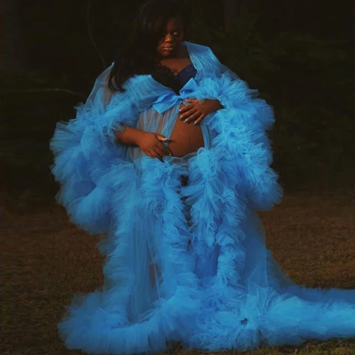 Новые синие платья из тюля с оборками для беременных женщин очень пышные Длинные