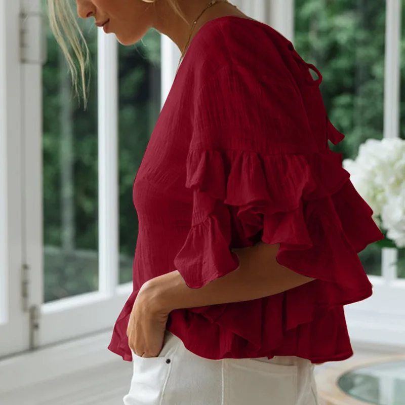 Женская летняя модная футболка с коротким рукавом и оборками по краю|Футболки| |