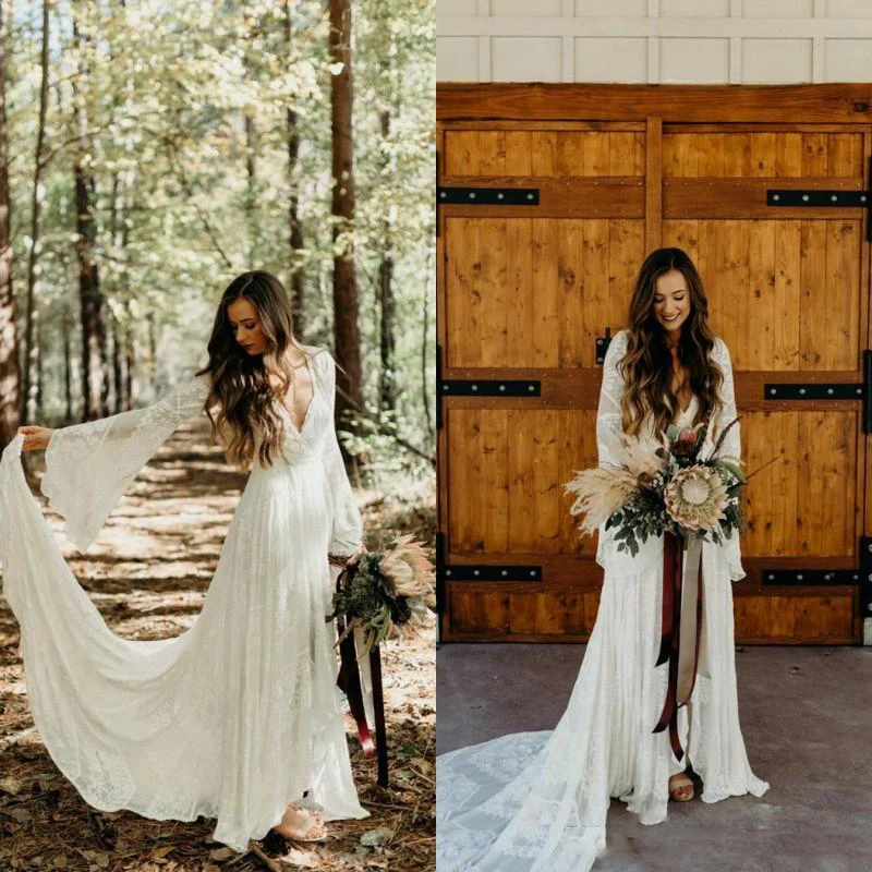 2020 страна Стиль Boho кружевные свадебные платья с одежда длинным рукавом V образным