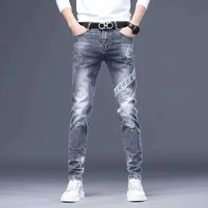 High Quality Men’s Slim-fit Gray Blue Stretch Denim Pants,Trendy Prints Decorating Casual Jeans, S in USA (United States)
