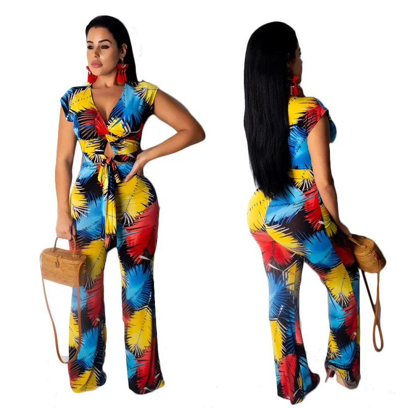 Contrast Color Leaves Print Women 2 Piece Suit Sexy V Neck Short Sleeve Lace Up Crop Top+Casual Full Pants Big Size Set | Женская одежда