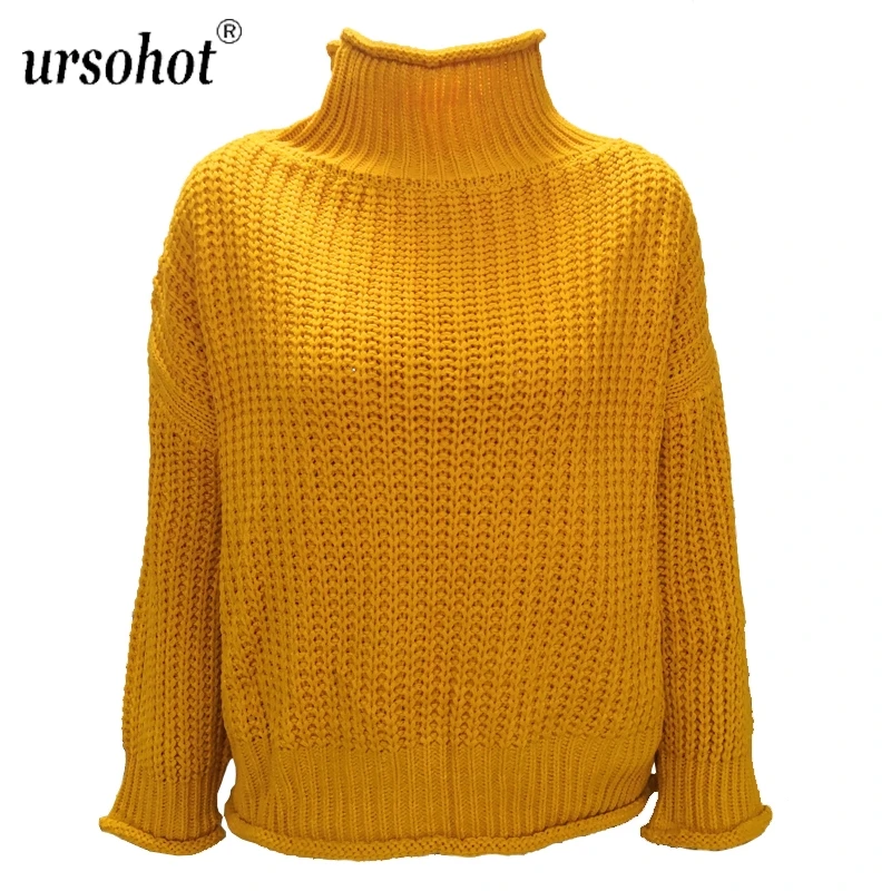 Ursohot Winter Twisted Sweaters Women Jumpers Ladies Autumn Turtleneck Long Lantern Sleeve Fashion Top Solid Casual Knitted Tops | Женская