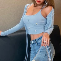 long sleeve flower embroidery blue sexy o neck lace up cardigan and camis crop top 2021 new autumn women tops knit streetwear