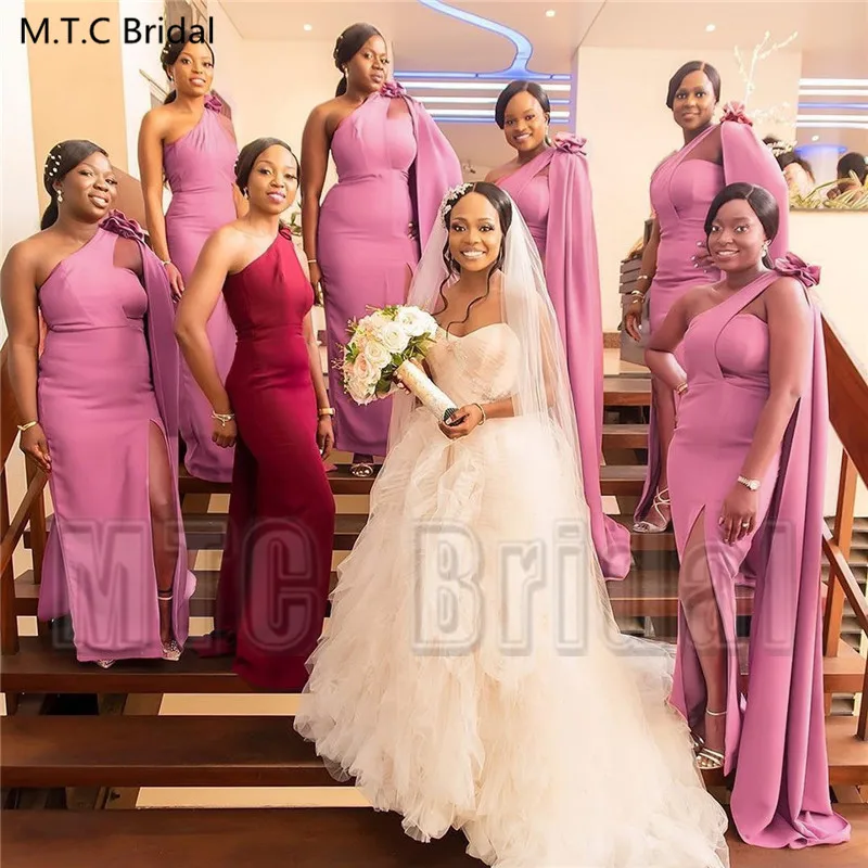 Dusty Rose African Bridesmaid Dresses One Shoulder Mermaid Long Cape Black Women Maid Of Honor Wedding Party Dress