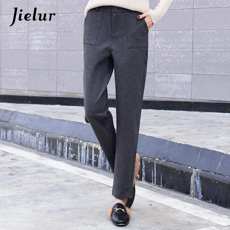 

Jielur Autumn Winter Leisure Warm Woolen Pants Female Korean Fashion Solid Color Gray Black Harem Pants Casual Pockets Capri 2XL
