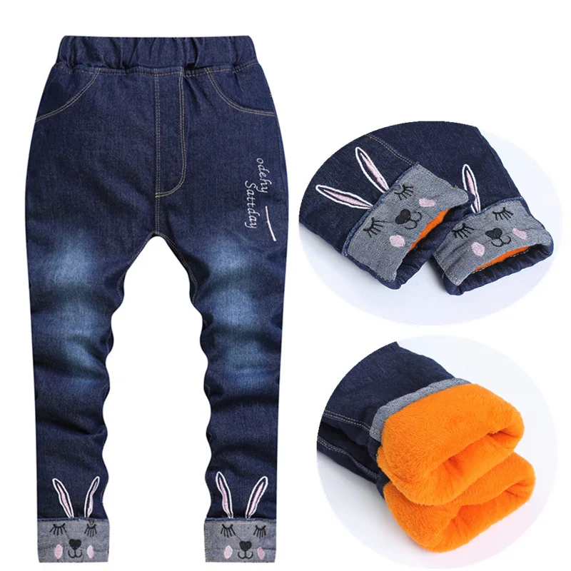 Джинсы для девочек Осень зима 2019 плотные теплые джинсы с рисунком кролика