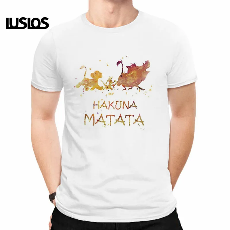 LUSLOS HAKUNA MATATA/мужская футболка больших размеров, летние футболки с коротким рукавом с изображением Льва и короля, белые футболки с принтом из мультфильма