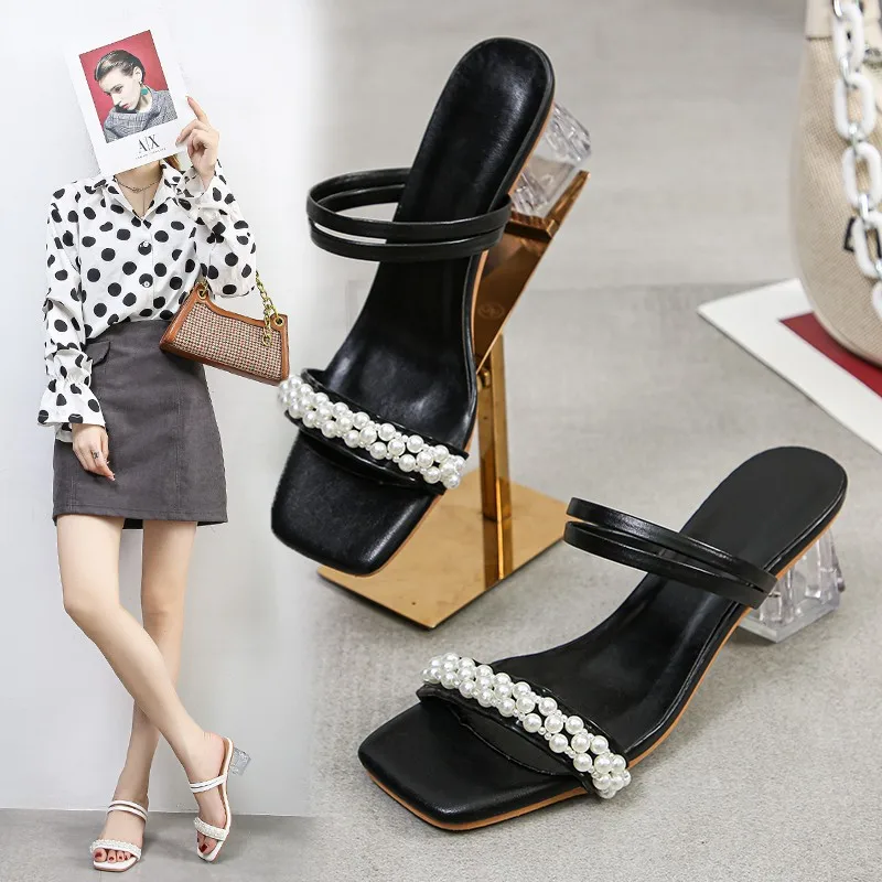 TGHDOF 2022 Women's Slippers Low Heel T-strap Women's Open Toe Black Beige Red Pearl Buckle Decoration Summer Women's Shoes