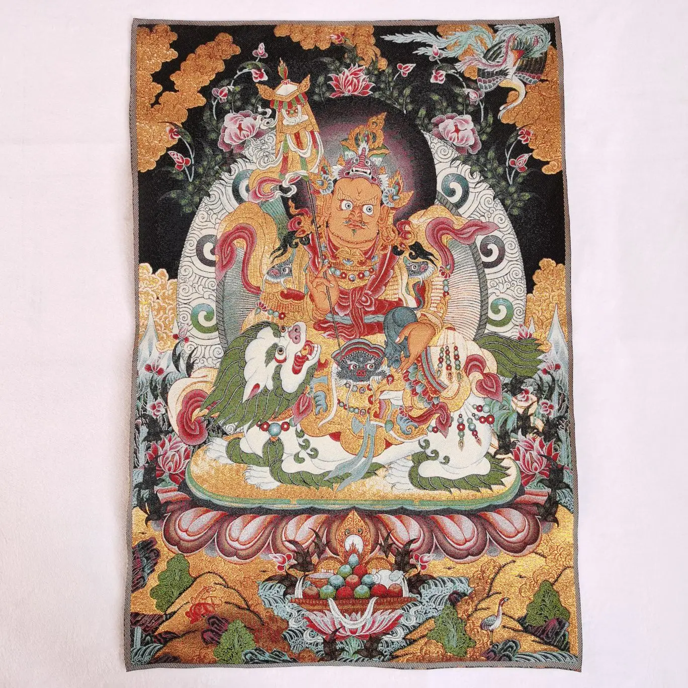

36" Tibet Tibetan Embroidered Cloth Silk Buddhism Yellow Jambhala Tangka Thangka Mural Buddha Home Decor