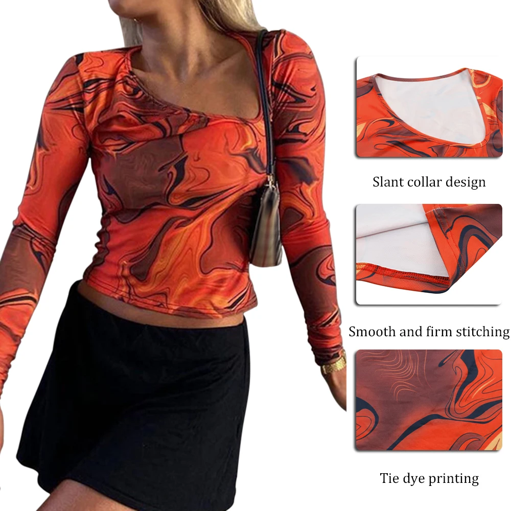 

2021 tie-dye printed long-sleeved nine-point top women's Y2K casual summer spring aesthetic Harajuku tailoring orange sexy T-shi