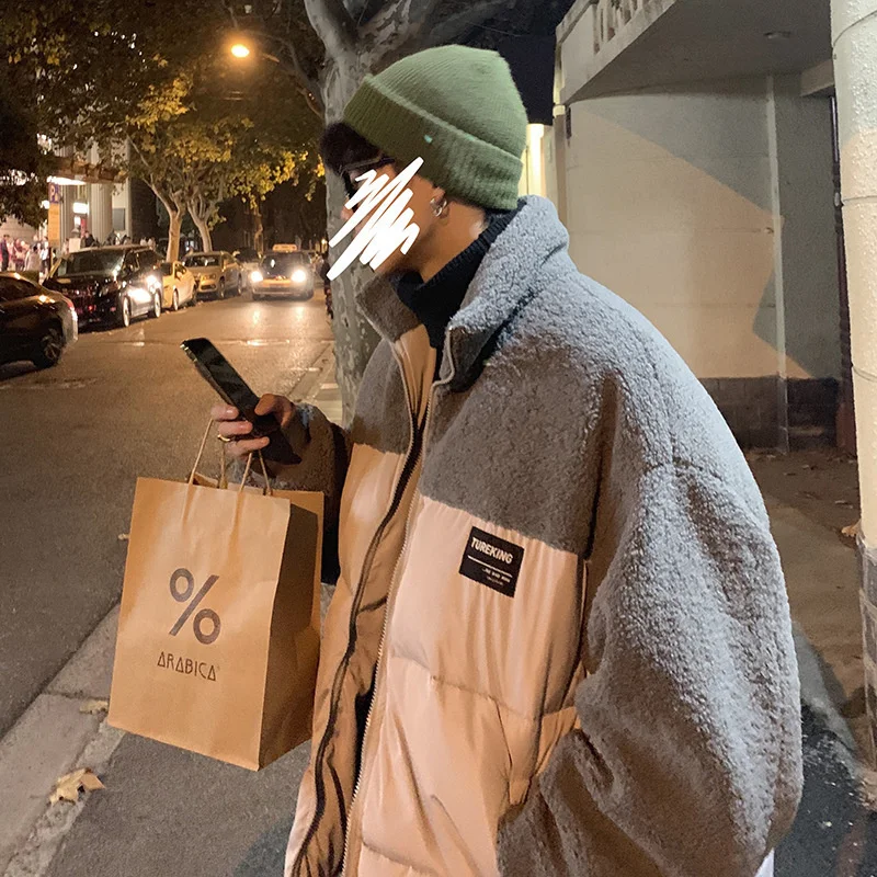 

Winter men's lamb cashmere splicing cotton jacket men's fashion brand loose contrast thickened cotton jacket bread jacket cotton