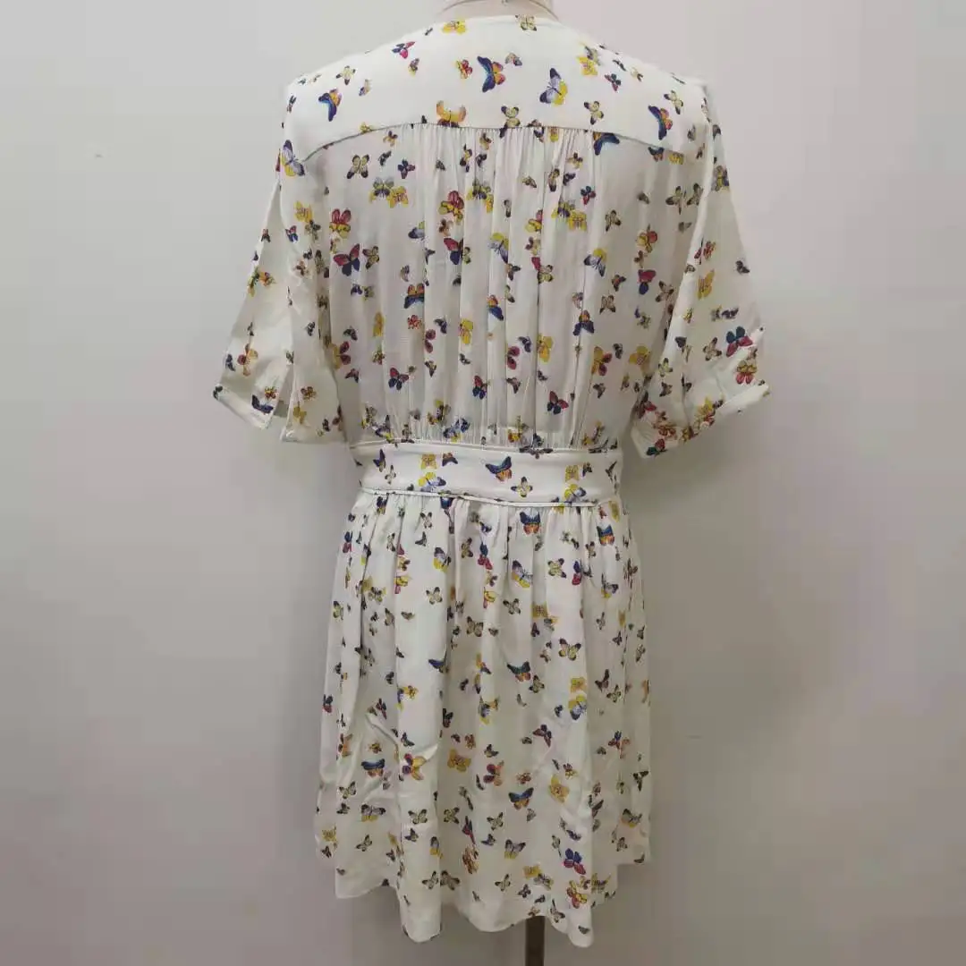 

Mini Dress Colorful Butterfly Print Women's V-Neck Single Breasted High Waist Female Short-Sleeve Robe 2021 Spring Summer New