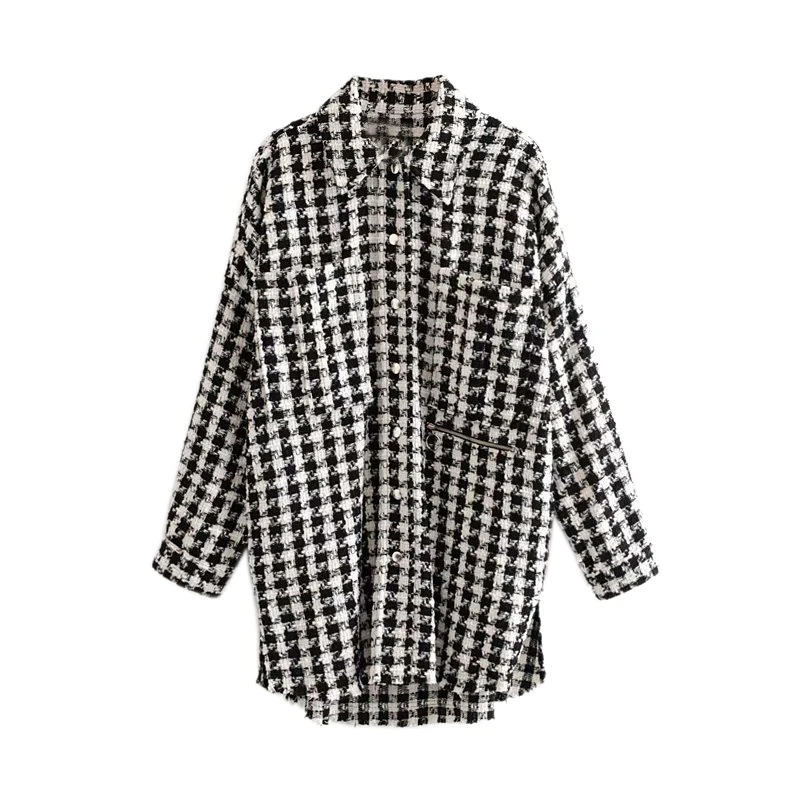 Женская твидовая куртка в клетку теплая верхняя одежда оверсайз с карманами и